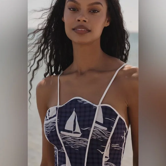 NWT Anthropologie Celadine Scallop Piped Mini Dress in Blue Motif, size XL - Picture 4 of 13